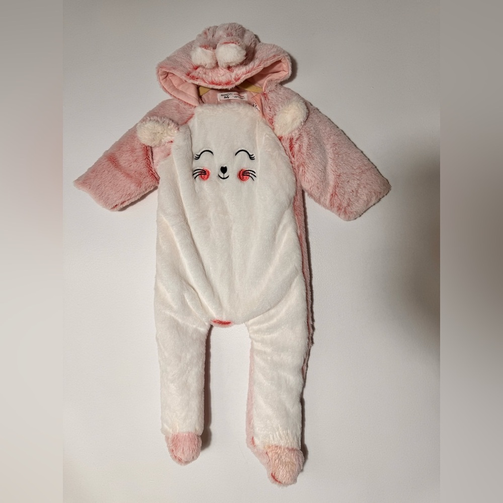 Minoti Baby Girl‎ Pink Bunny Fuzzy Snowsuit Size 9-12 Months